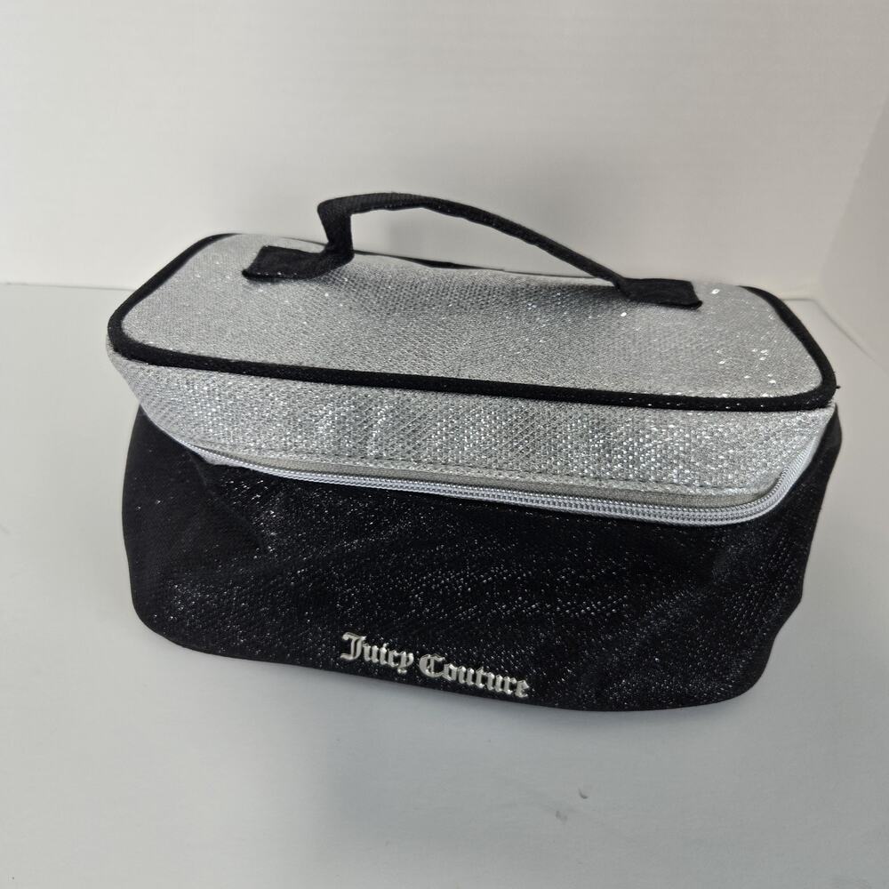 Juicy Couture Black Velvet Glitter Makeup Cosmetic Train Case Travel Bag Zip